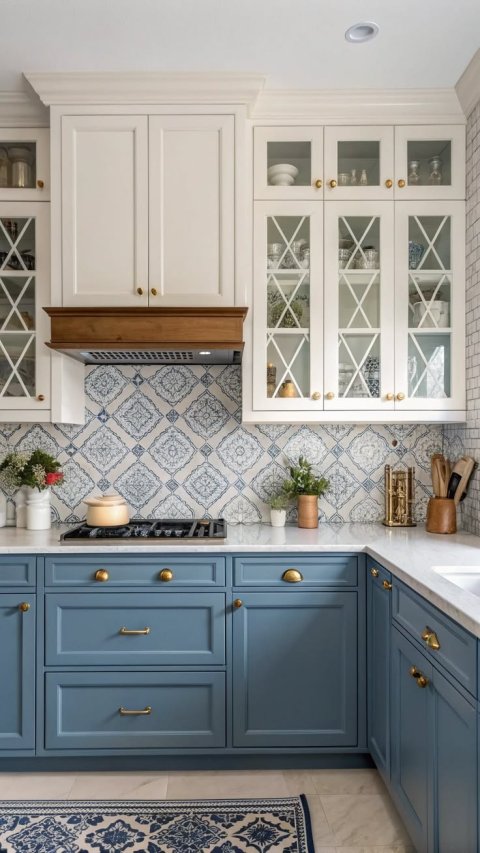 blue-and-white patterned tile backsplash